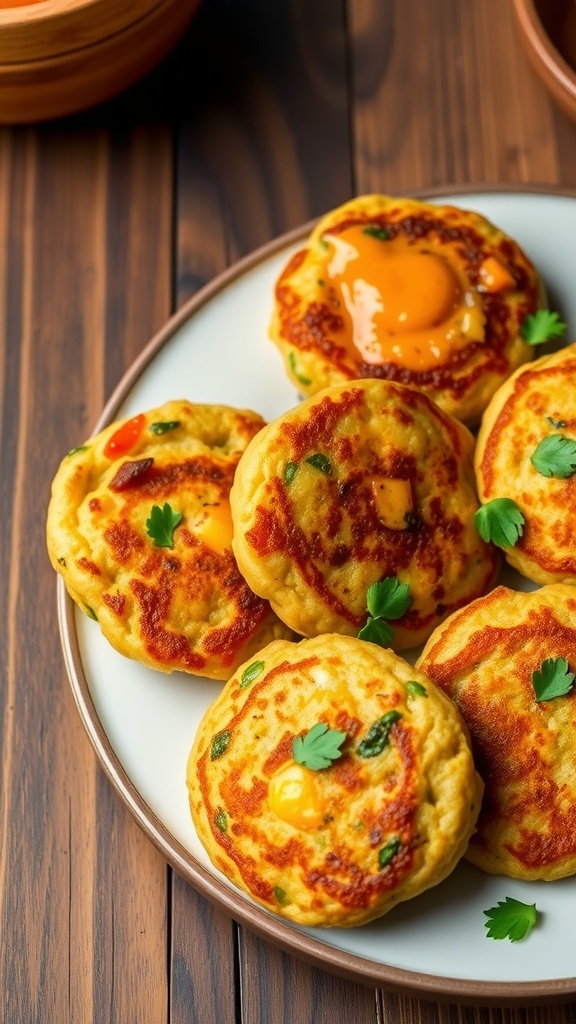 Easy Vegetable Patties Recipe Crispy vegetable patties on a plate with herbs and dipping sauce.